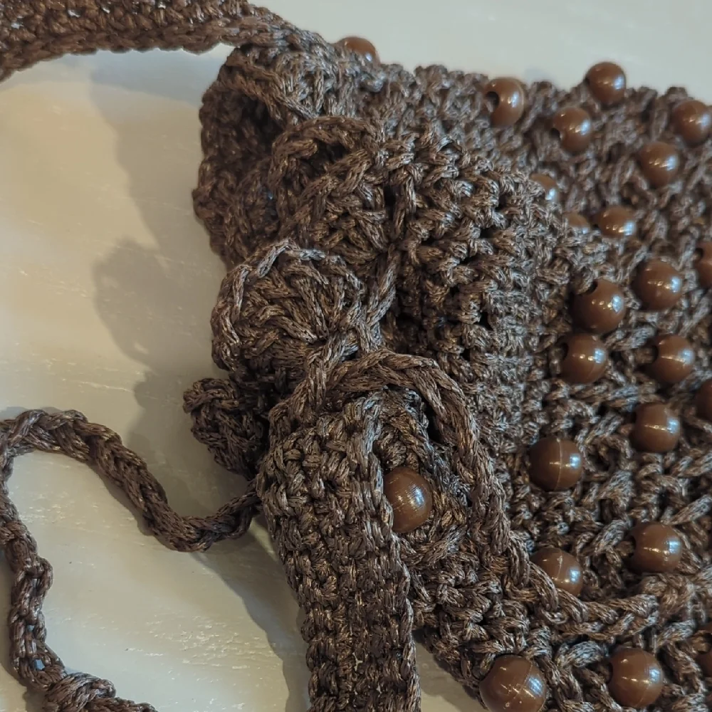 Brown Beaded Crochet Handbag Y2K Hobo Boho‎ Hippie